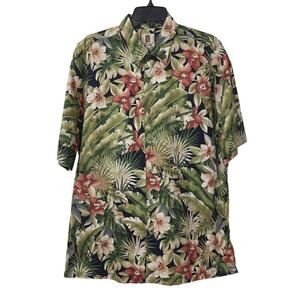 Toni Richard Hawaiian Shirt Mens Large Green Vintage Floral Button Up Cotton